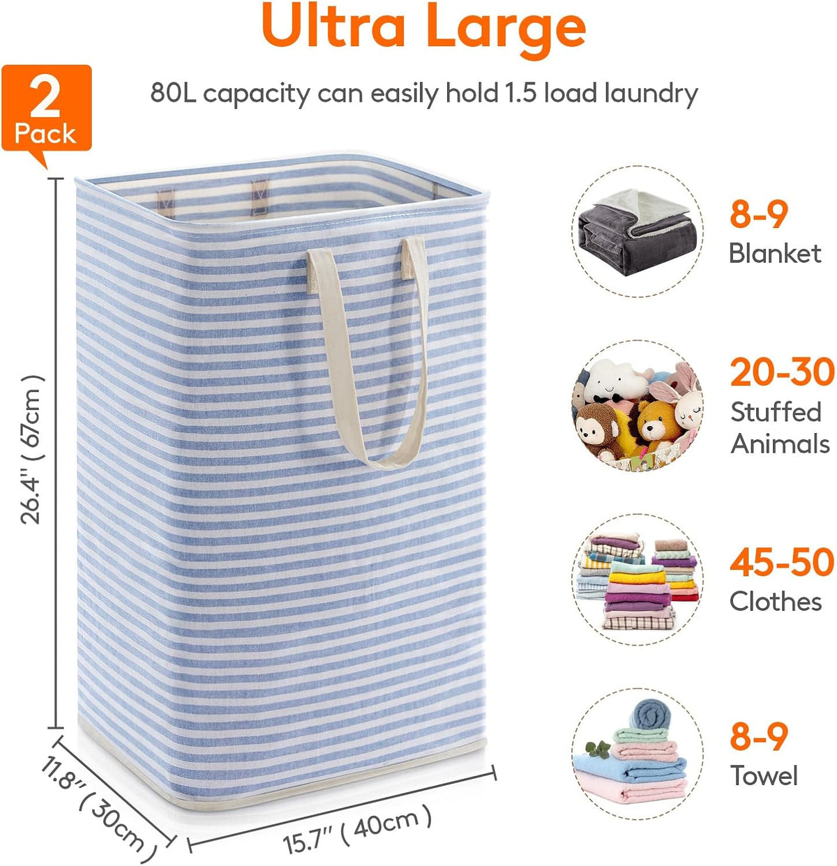 80L Large Laundry Baskets, 3 Pack, Reinforced Handles, Beige