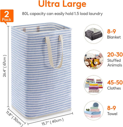 80L Large Laundry Baskets, 3 Pack, Reinforced Handles, Beige