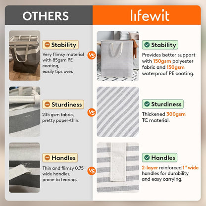 80L Large Laundry Baskets, 3 Pack, Reinforced Handles, Beige