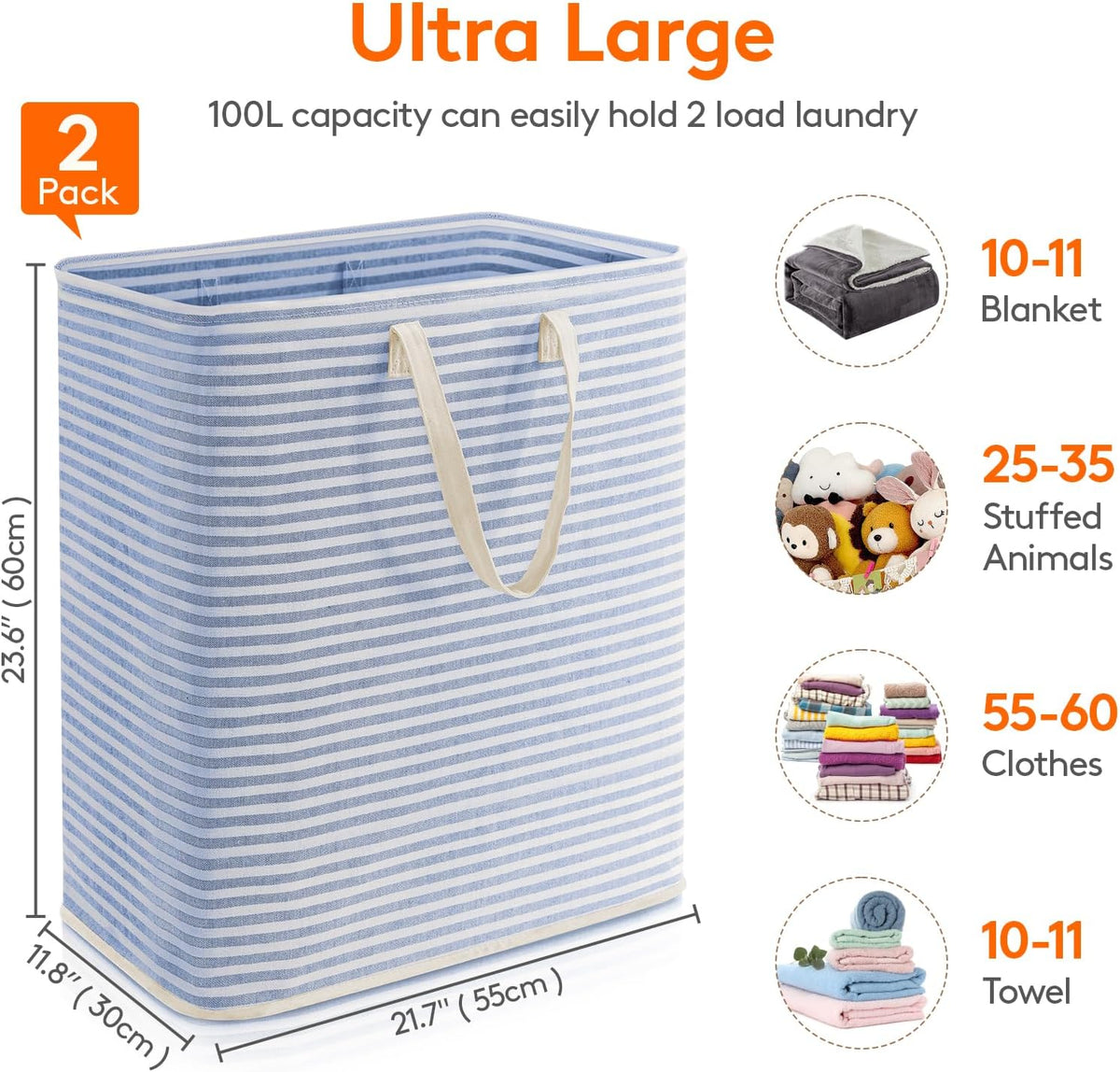 80L Large Laundry Baskets, 3 Pack, Reinforced Handles, Beige