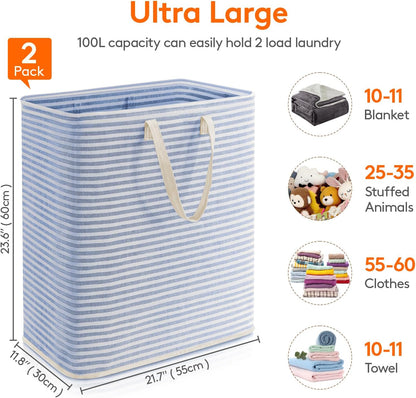 80L Large Laundry Baskets, 3 Pack, Reinforced Handles, Beige