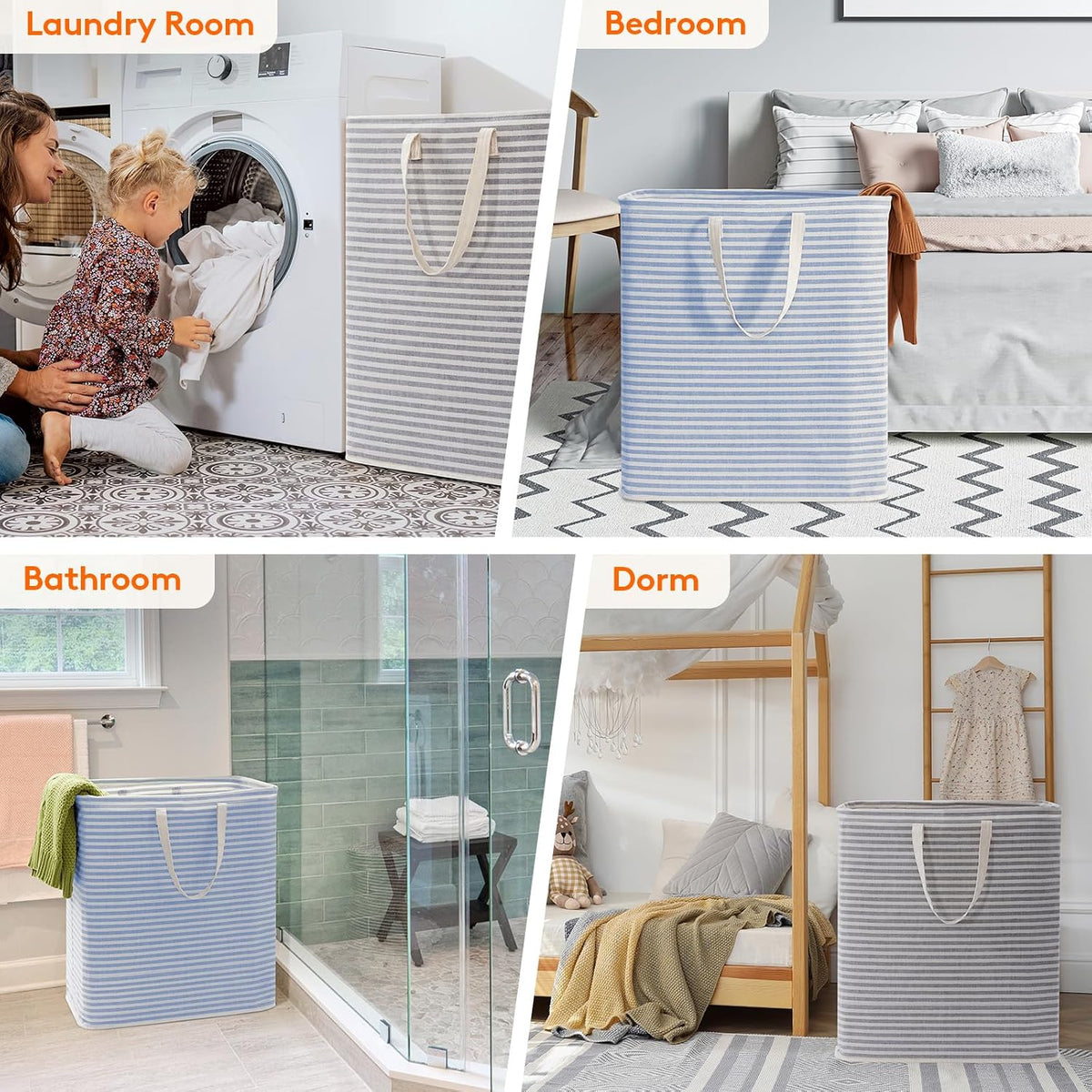 80L Large Laundry Baskets, 3 Pack, Reinforced Handles, Beige