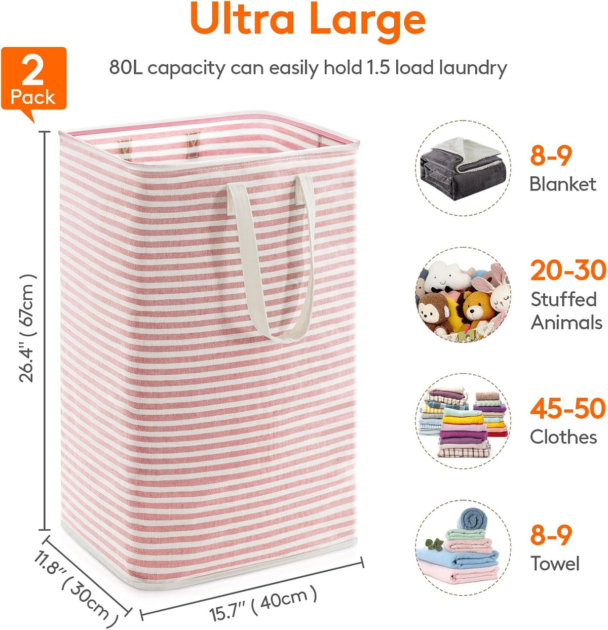 80L Large Laundry Baskets, 3 Pack, Reinforced Handles, Beige