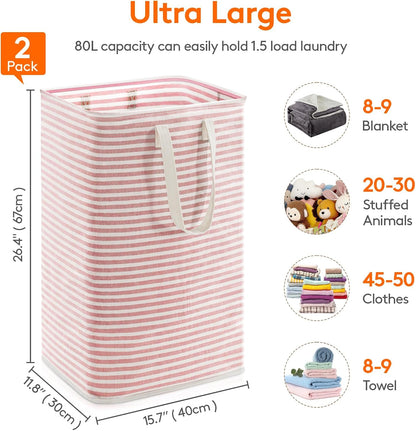 80L Large Laundry Baskets, 3 Pack, Reinforced Handles, Beige