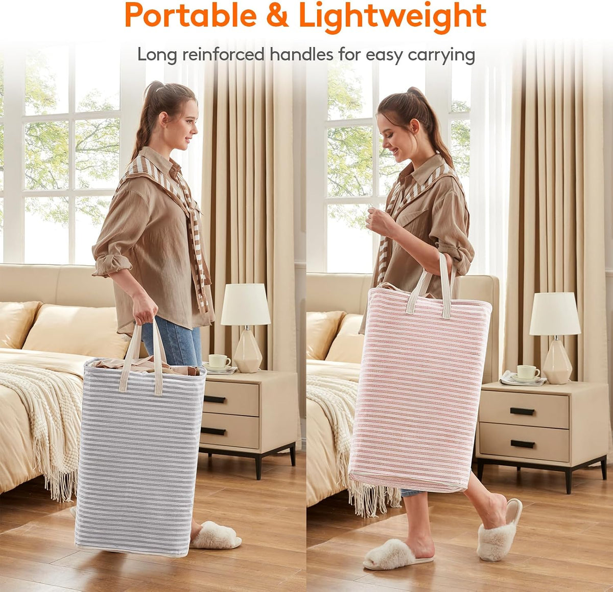 80L Large Laundry Baskets, 3 Pack, Reinforced Handles, Beige