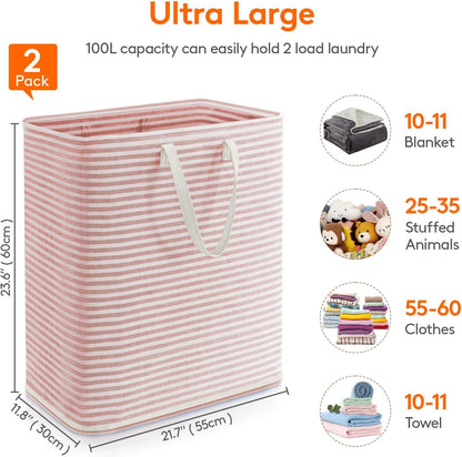 80L Large Laundry Baskets, 3 Pack, Reinforced Handles, Beige