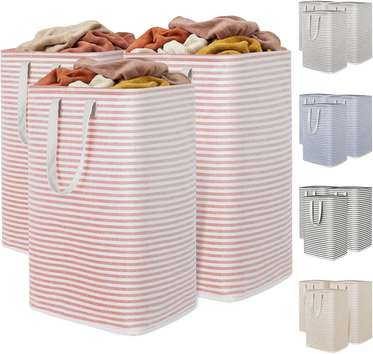 80L Large Laundry Baskets, 3 Pack, Reinforced Handles, Beige