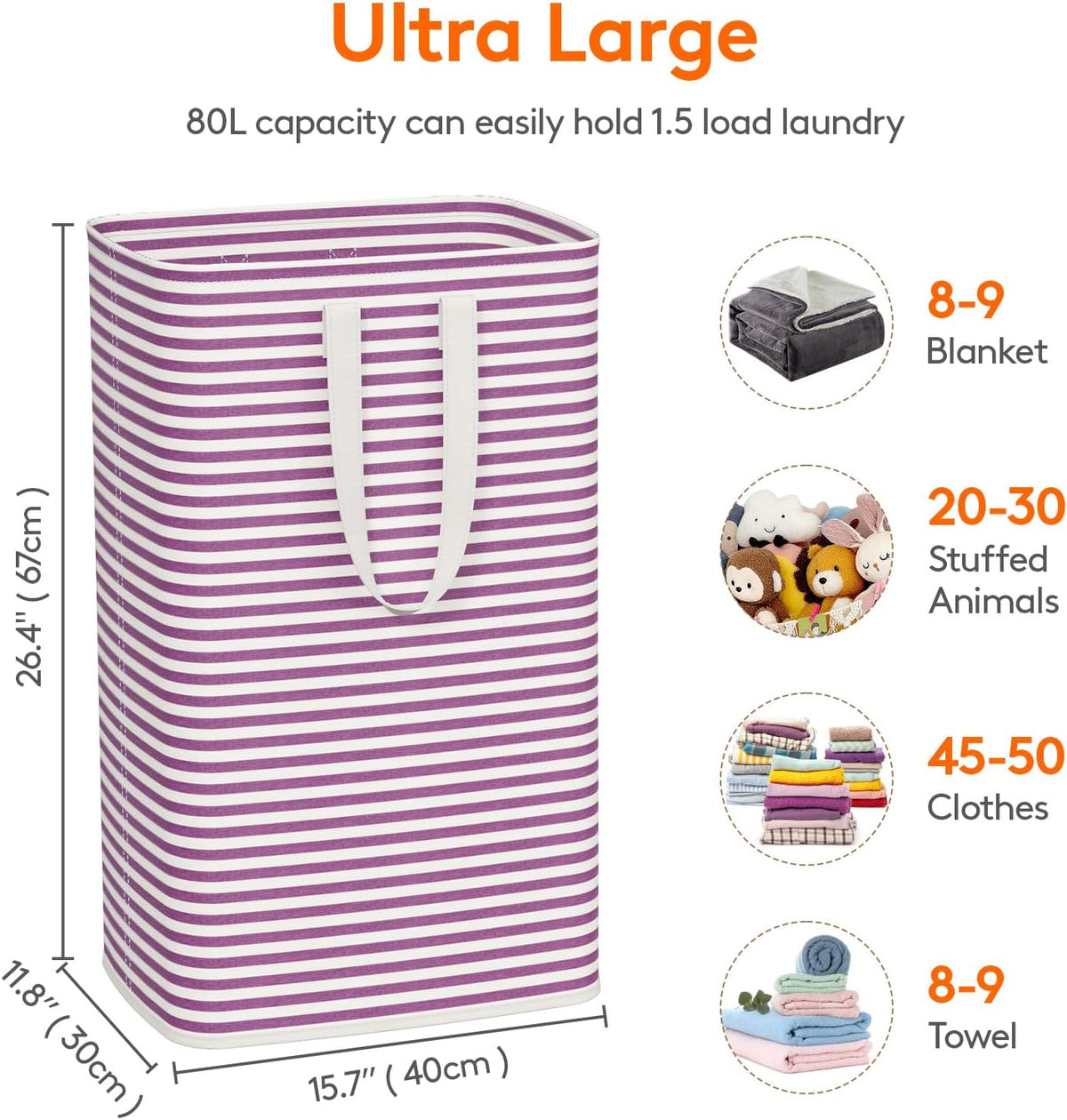 80L Large Laundry Baskets, 3 Pack, Reinforced Handles, Beige