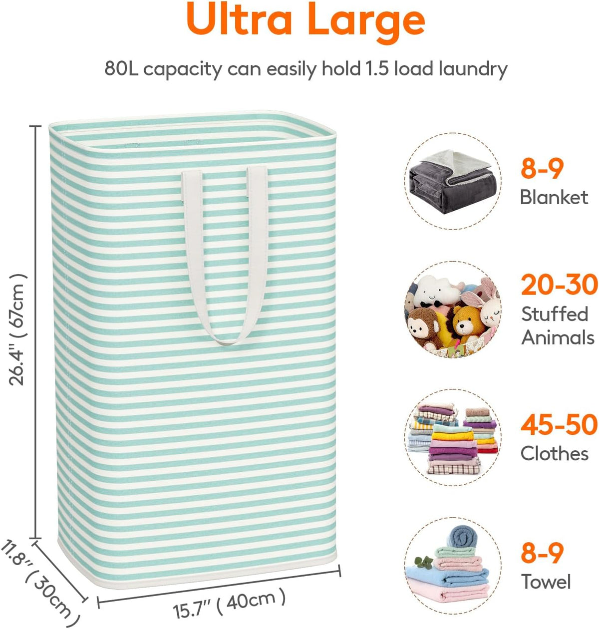 80L Large Laundry Baskets, 3 Pack, Reinforced Handles, Beige