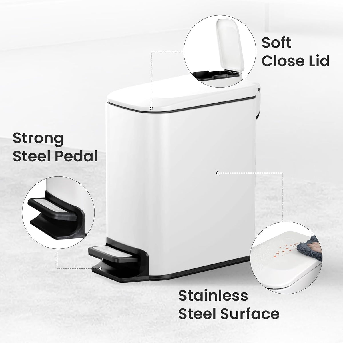 Small Bathroom Trash Can with Lid, 1.6 Gal, Soft Close, White