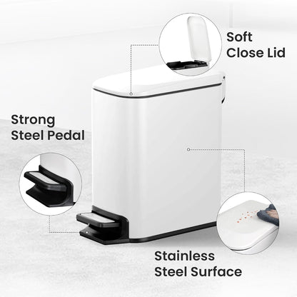 Small Bathroom Trash Can with Lid, 1.6 Gal, Soft Close, White