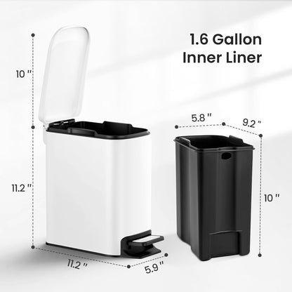 Small Bathroom Trash Can with Lid, 1.6 Gal, Soft Close, White