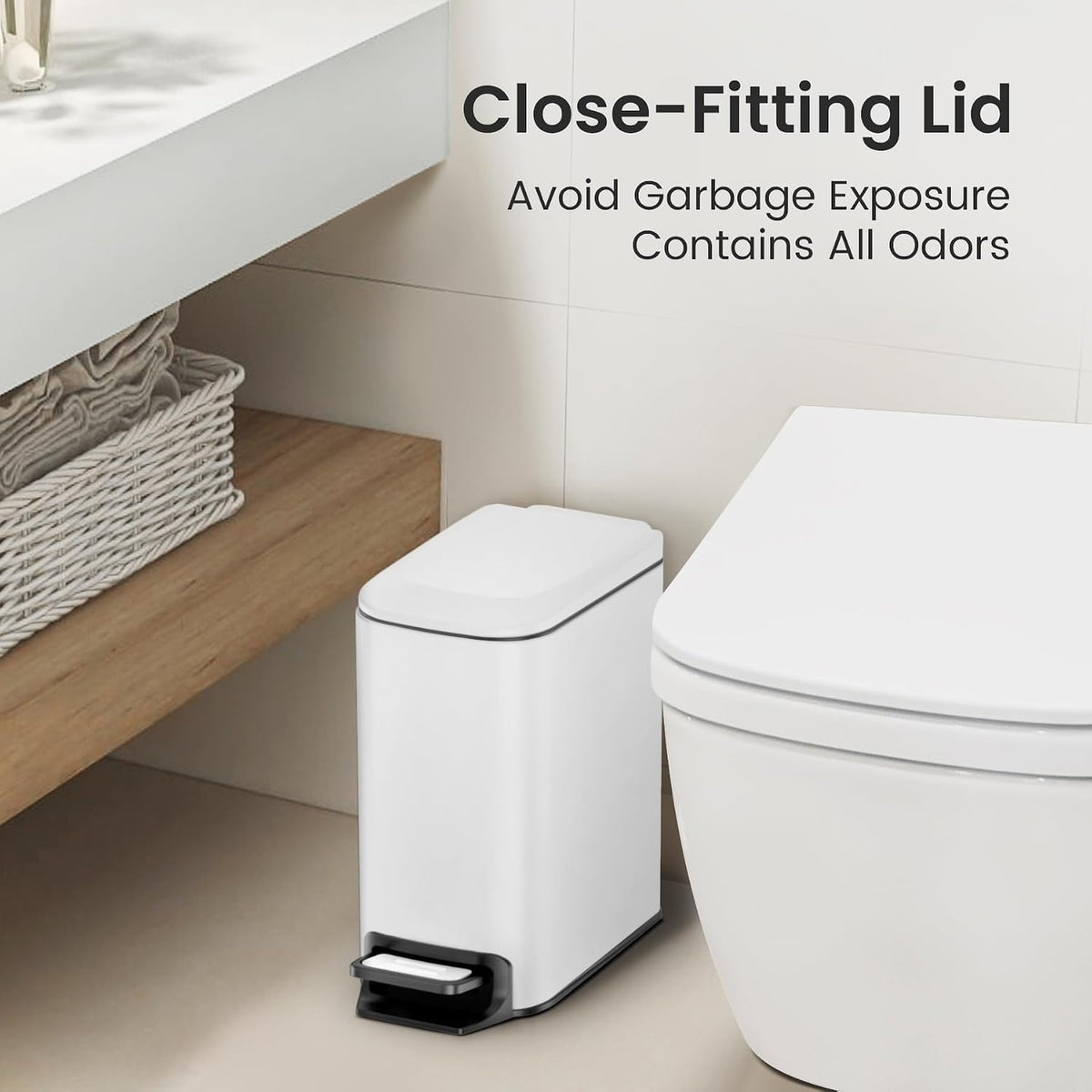 Small Bathroom Trash Can with Lid, 1.6 Gal, Soft Close, White