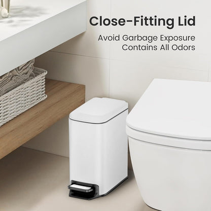 Small Bathroom Trash Can with Lid, 1.6 Gal, Soft Close, White