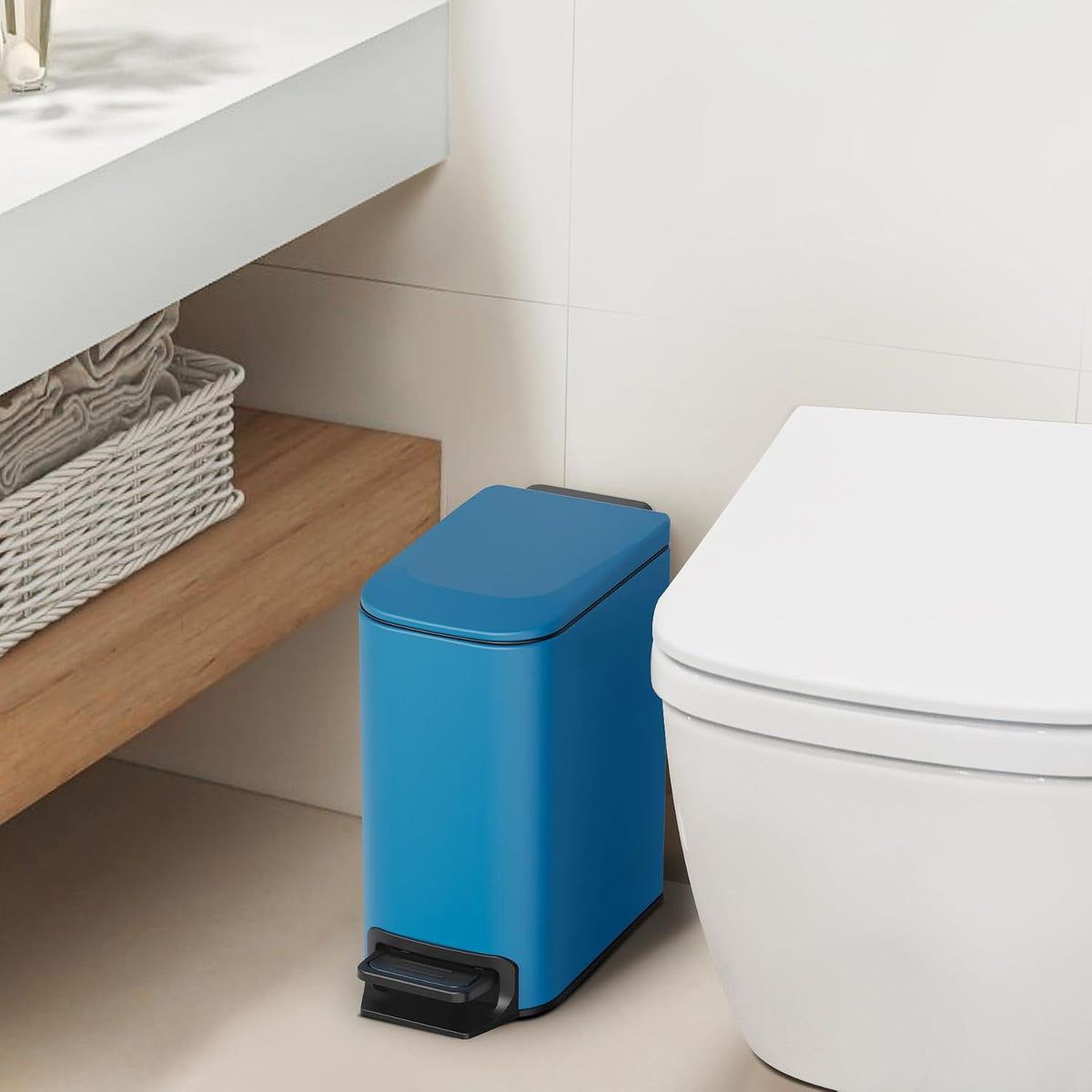 Small Bathroom Trash Can with Lid, 1.6 Gal, Soft Close, White