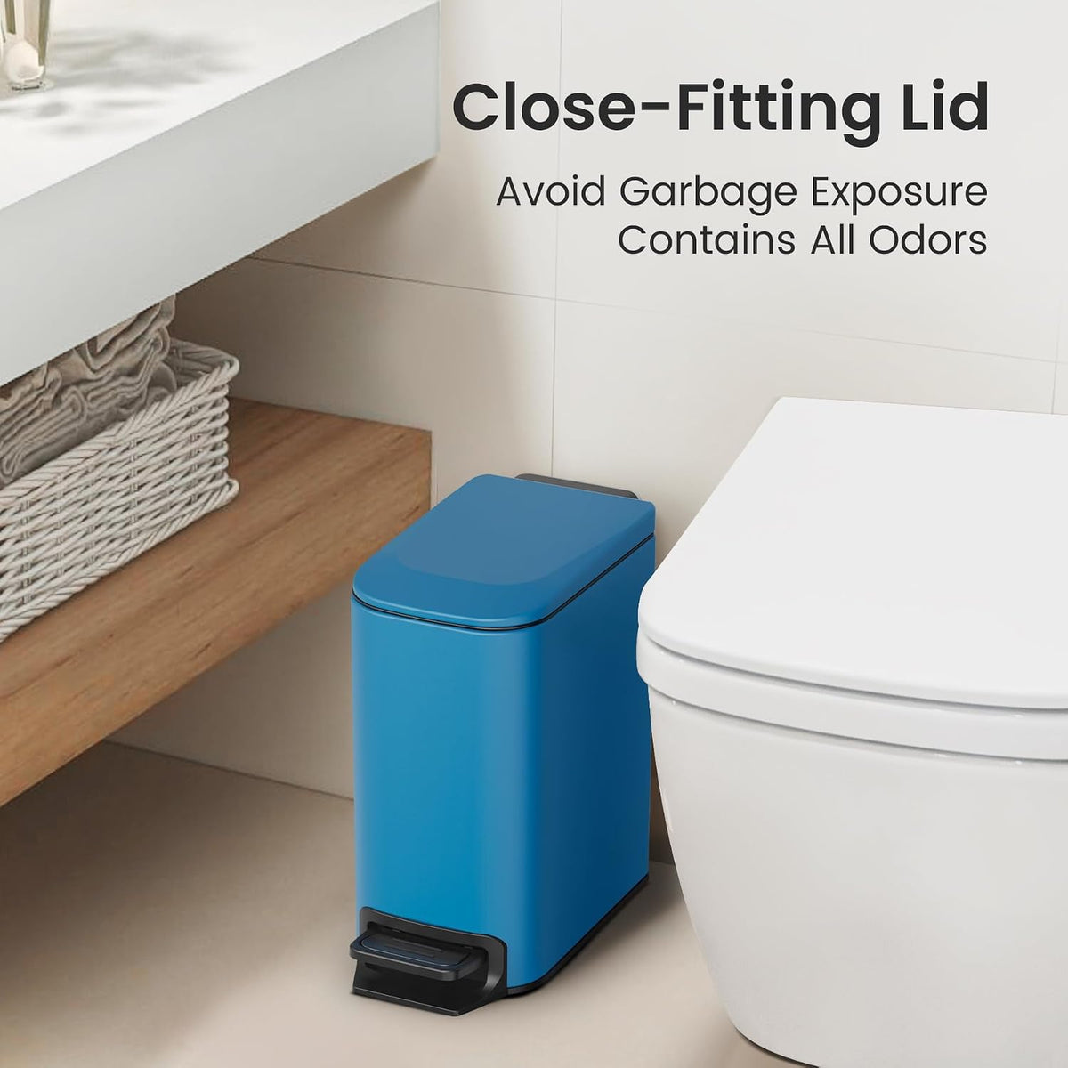 Small Bathroom Trash Can with Lid, 1.6 Gal, Soft Close, White