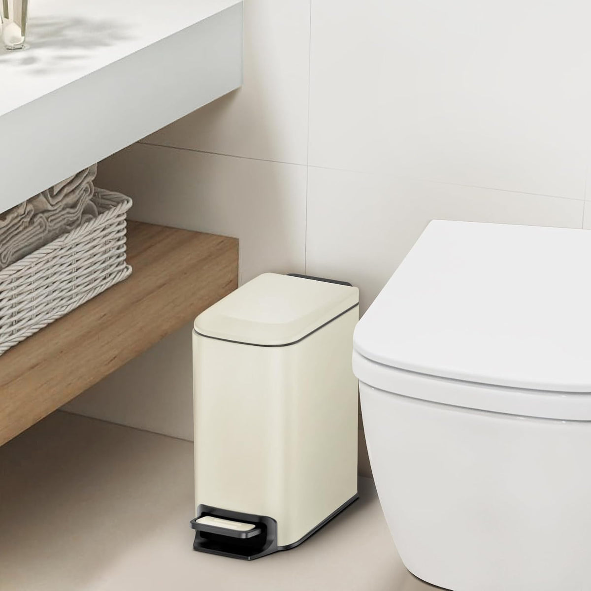 Small Bathroom Trash Can with Lid, 1.6 Gal, Soft Close, White