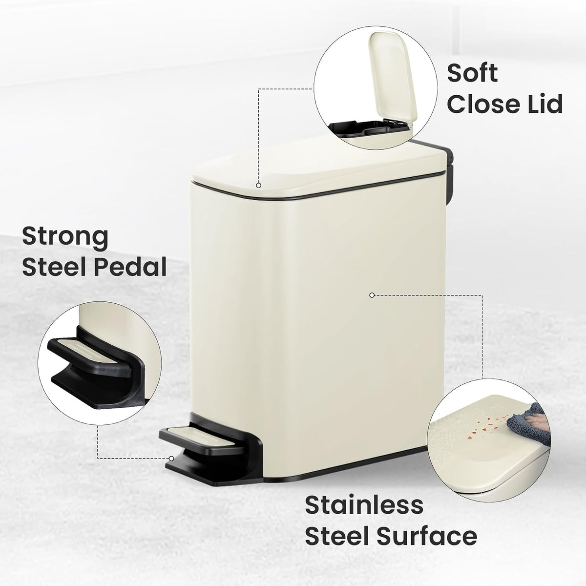 Small Bathroom Trash Can with Lid, 1.6 Gal, Soft Close, White