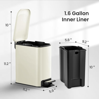 Small Bathroom Trash Can with Lid, 1.6 Gal, Soft Close, White