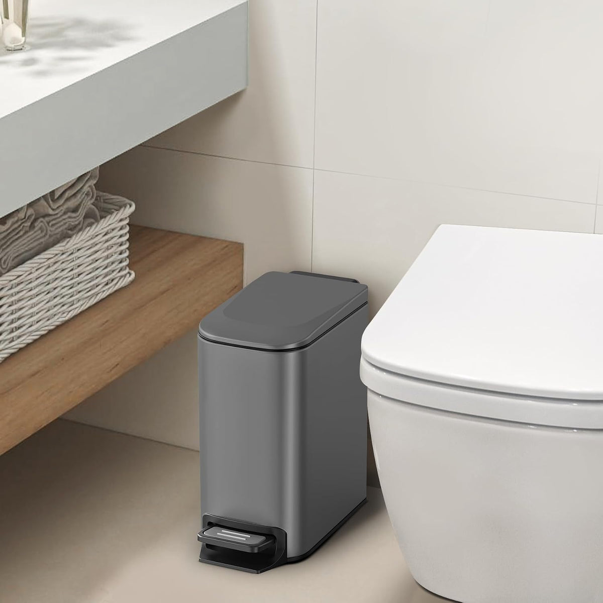 Small Bathroom Trash Can with Lid, 1.6 Gal, Soft Close, White