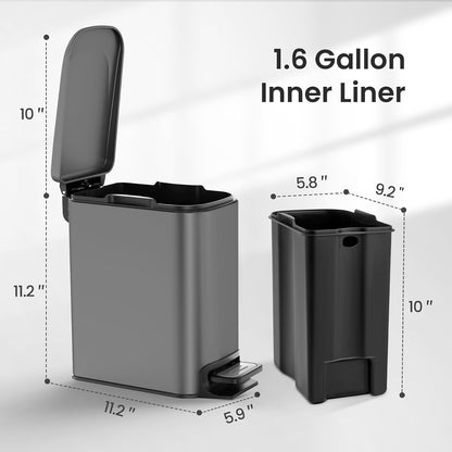 Small Bathroom Trash Can with Lid, 1.6 Gal, Soft Close, White