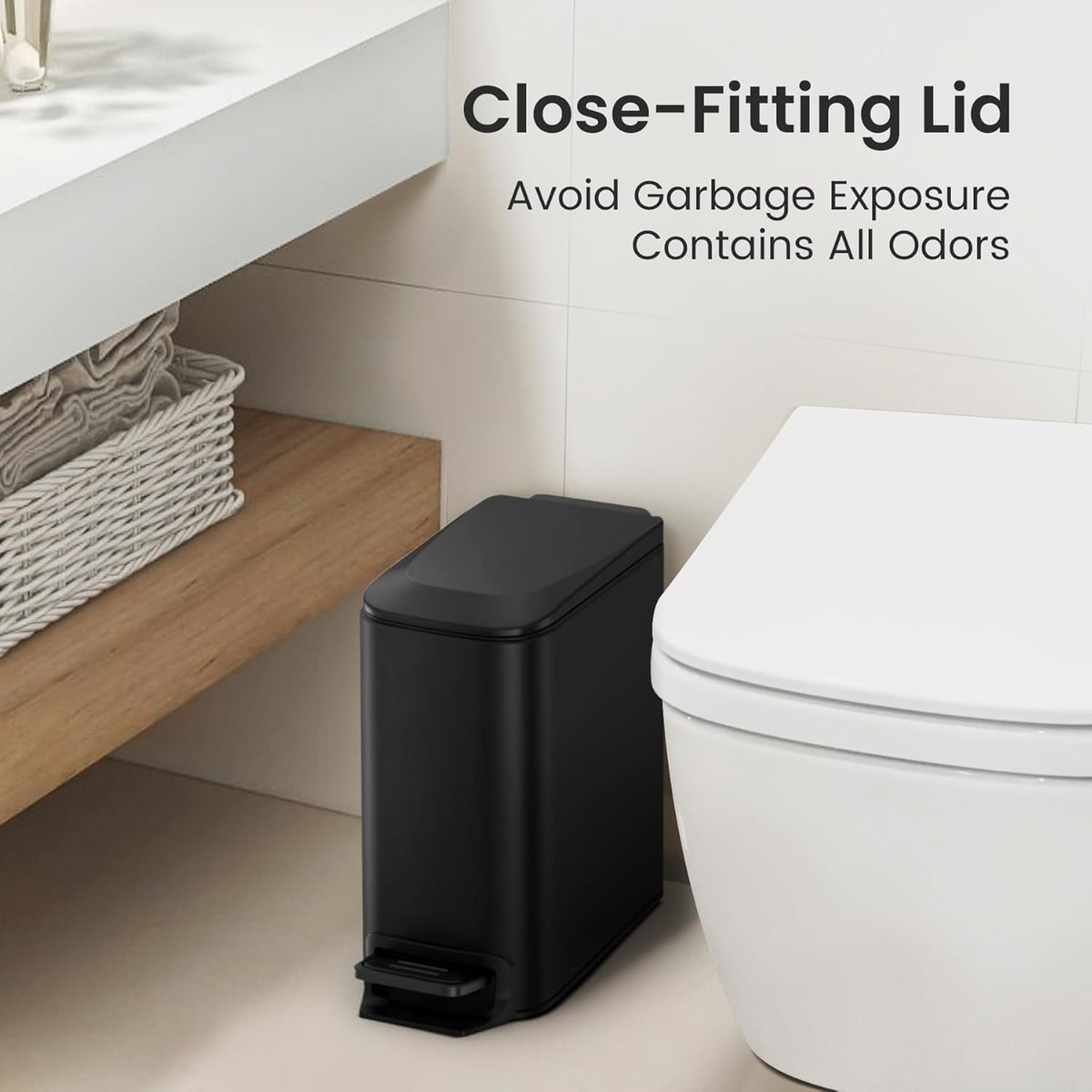 Small Bathroom Trash Can with Lid, 1.6 Gal, Soft Close, White