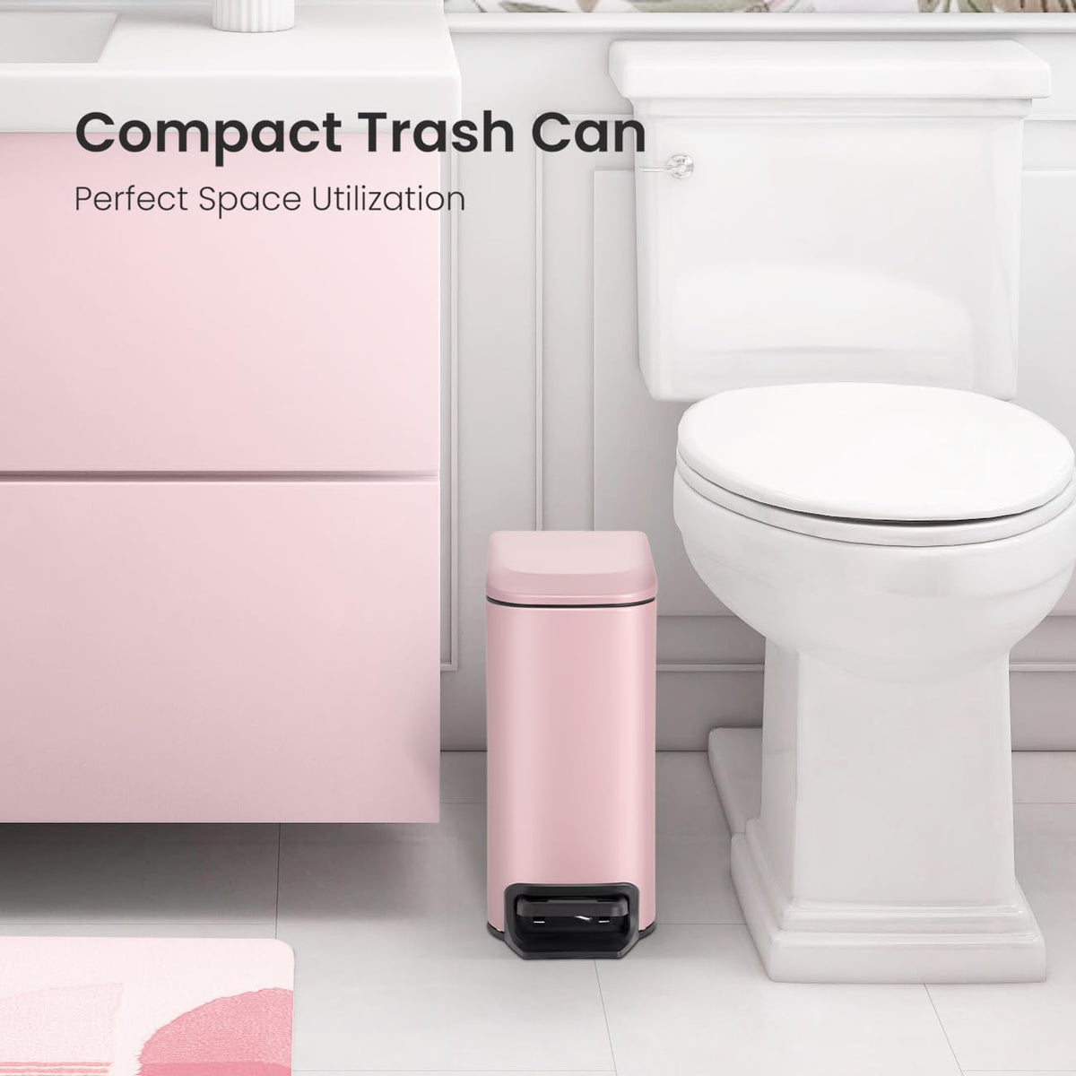 Small Bathroom Trash Can with Lid, 1.6 Gal, Soft Close, White
