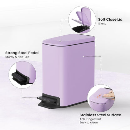 Small Bathroom Trash Can with Lid, 1.6 Gal, Soft Close, White