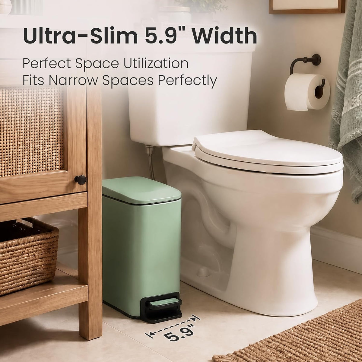 Small Bathroom Trash Can with Lid, 1.6 Gal, Soft Close, White