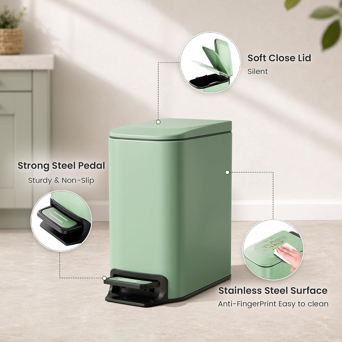 Small Bathroom Trash Can with Lid, 1.6 Gal, Soft Close, White