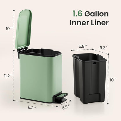 Small Bathroom Trash Can with Lid, 1.6 Gal, Soft Close, White