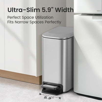 Small Bathroom Trash Can with Lid, 1.6 Gal, Soft Close, White