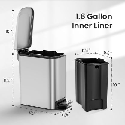 Small Bathroom Trash Can with Lid, 1.6 Gal, Soft Close, White