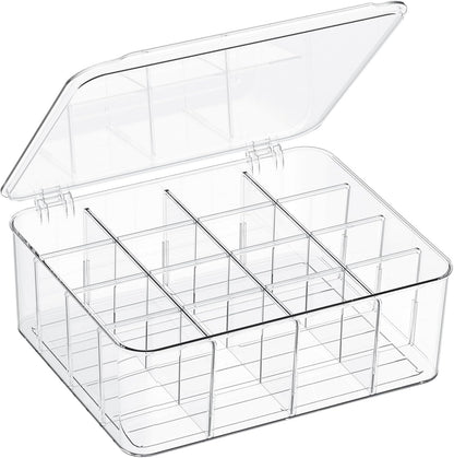 Sock Underwear Organizer, 16 Compartment Adjustable Dividers Tie Bras Socks Underwear Drawer Organizers for Closet, Clear Plastic Storage Containers Box with Lids for Ties Bra Scarf Socks