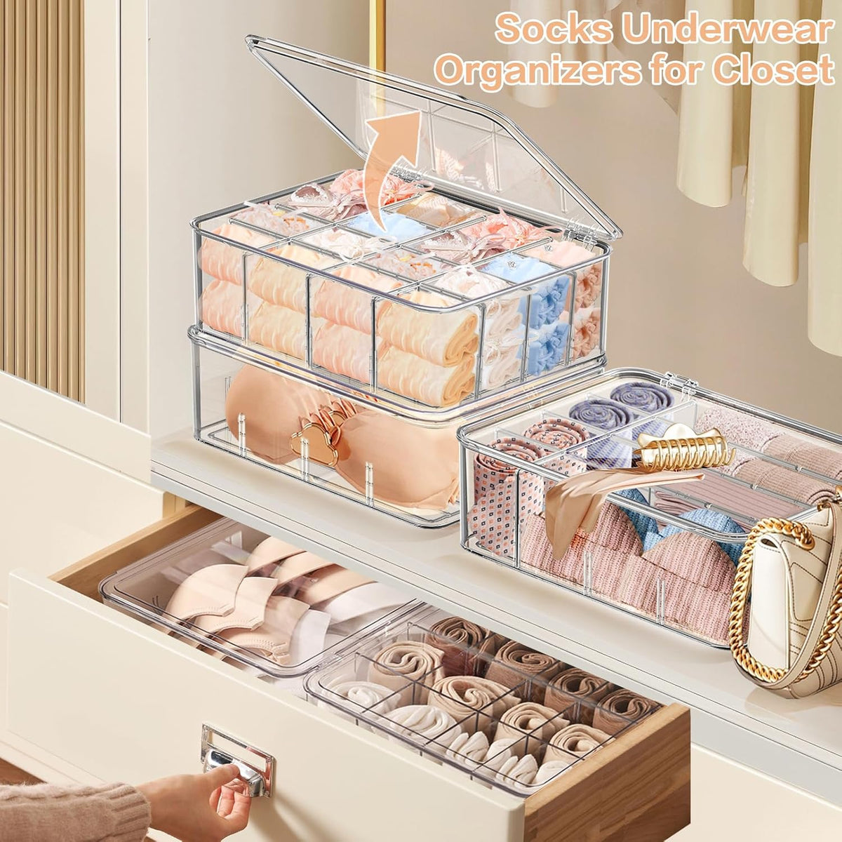 Sock Underwear Organizer, 16 Compartment Adjustable Dividers Tie Bras Socks Underwear Drawer Organizers for Closet, Clear Plastic Storage Containers Box with Lids for Ties Bra Scarf Socks