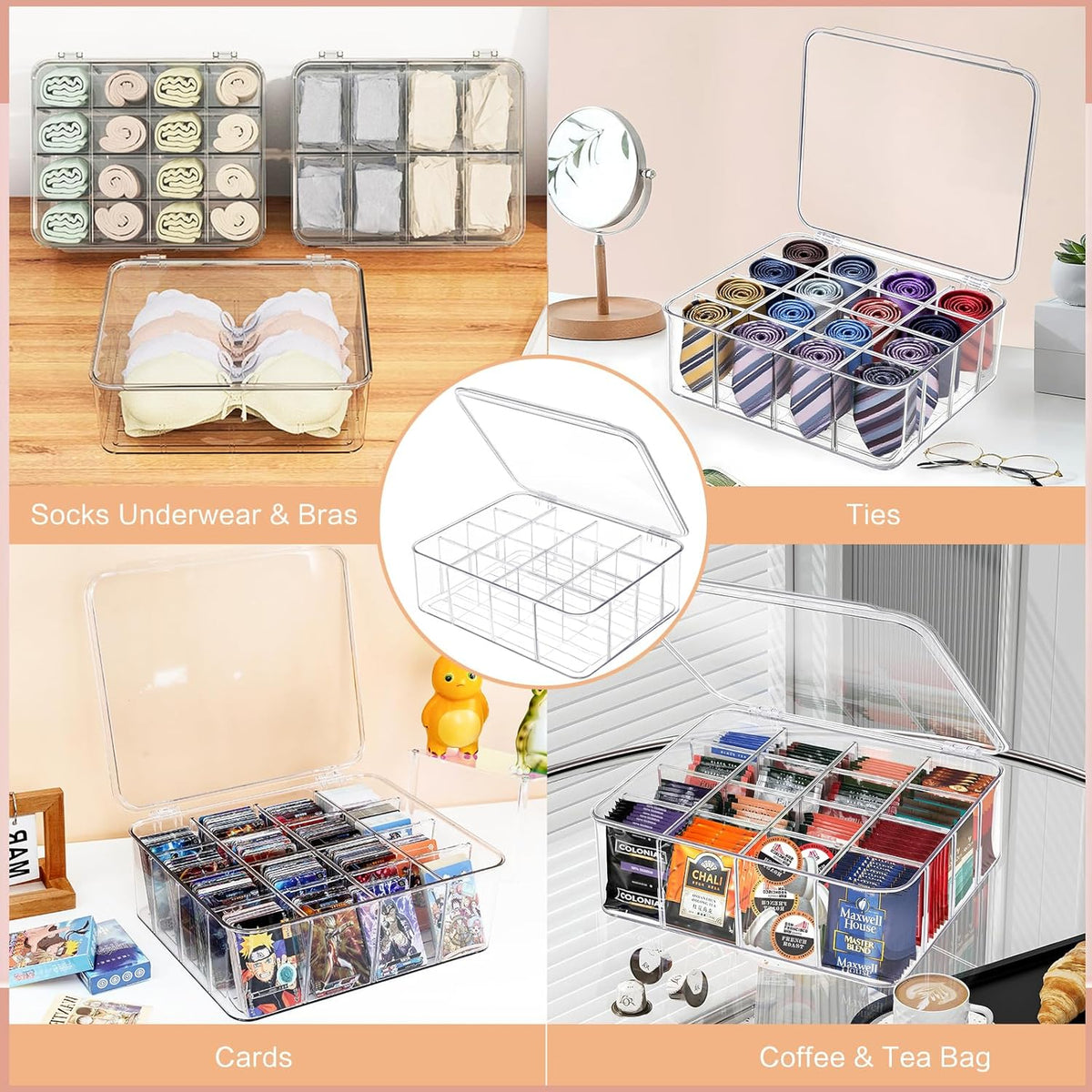 Sock Underwear Organizer, 16 Compartment Adjustable Dividers Tie Bras Socks Underwear Drawer Organizers for Closet, Clear Plastic Storage Containers Box with Lids for Ties Bra Scarf Socks