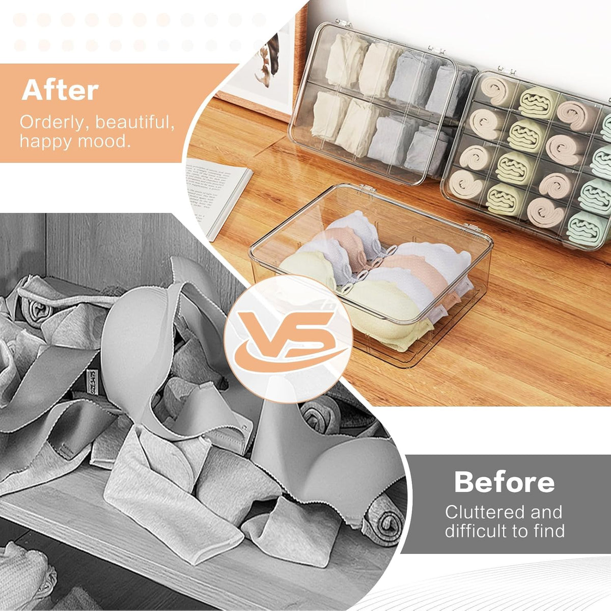 Sock Underwear Organizer, 16 Compartment Adjustable Dividers Tie Bras Socks Underwear Drawer Organizers for Closet, Clear Plastic Storage Containers Box with Lids for Ties Bra Scarf Socks