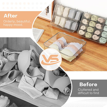 Sock Underwear Organizer, 16 Compartment Adjustable Dividers Tie Bras Socks Underwear Drawer Organizers for Closet, Clear Plastic Storage Containers Box with Lids for Ties Bra Scarf Socks