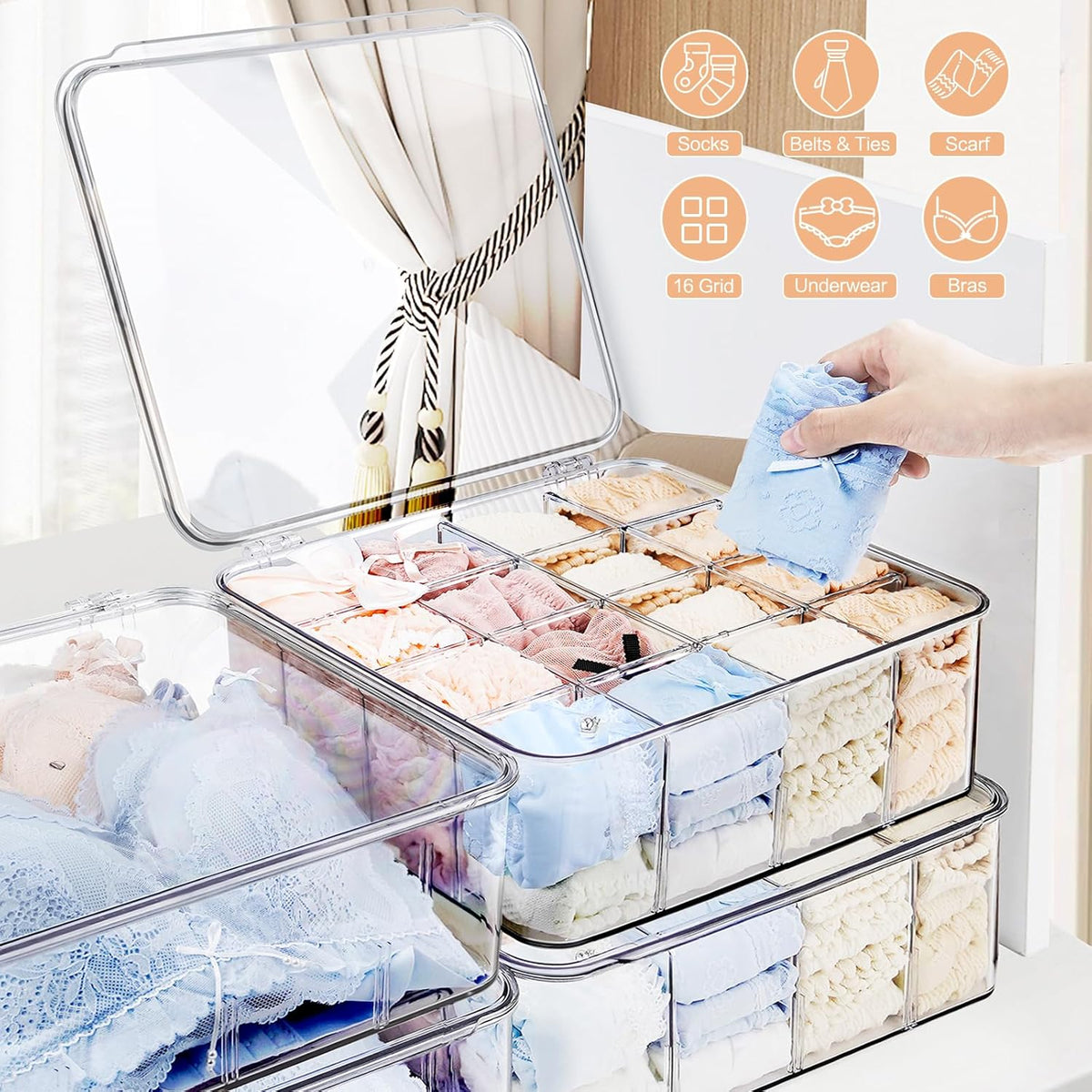 Sock Underwear Organizer, 16 Compartment Adjustable Dividers Tie Bras Socks Underwear Drawer Organizers for Closet, Clear Plastic Storage Containers Box with Lids for Ties Bra Scarf Socks