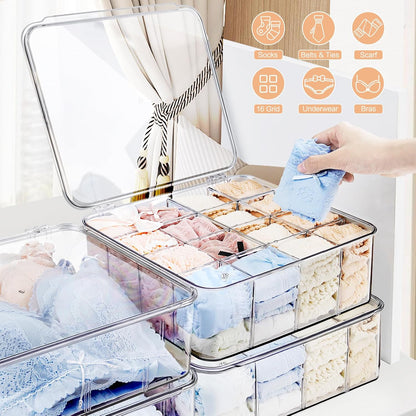 Sock Underwear Organizer, 16 Compartment Adjustable Dividers Tie Bras Socks Underwear Drawer Organizers for Closet, Clear Plastic Storage Containers Box with Lids for Ties Bra Scarf Socks
