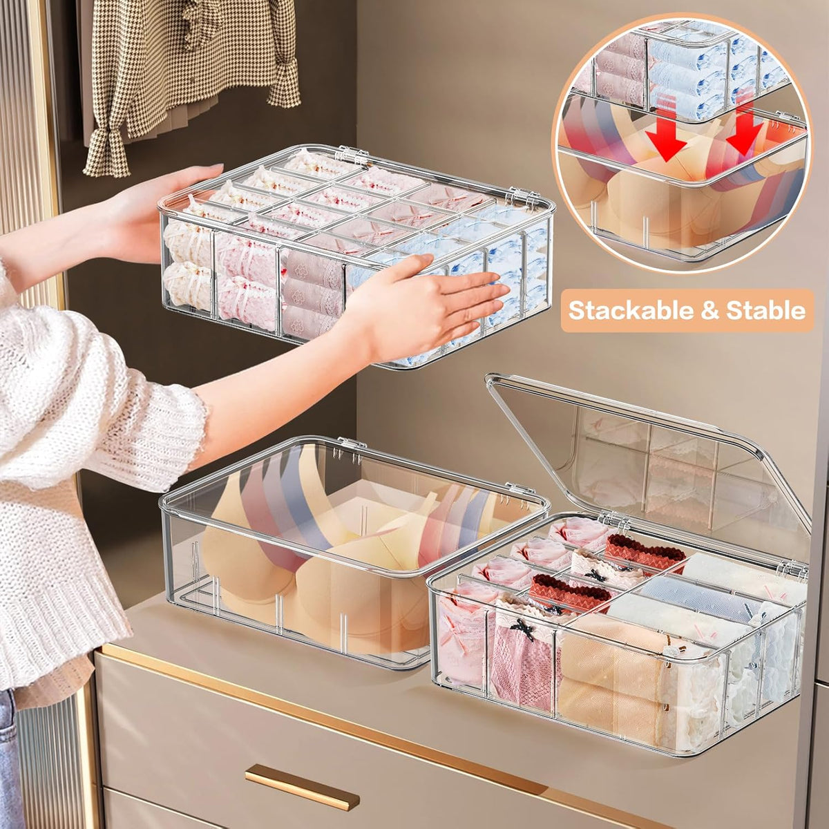 Sock Underwear Organizer, 16 Compartment Adjustable Dividers Tie Bras Socks Underwear Drawer Organizers for Closet, Clear Plastic Storage Containers Box with Lids for Ties Bra Scarf Socks