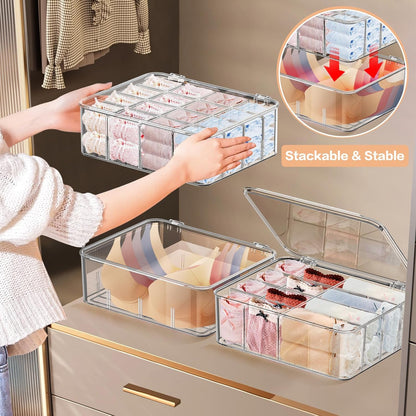 Sock Underwear Organizer, 16 Compartment Adjustable Dividers Tie Bras Socks Underwear Drawer Organizers for Closet, Clear Plastic Storage Containers Box with Lids for Ties Bra Scarf Socks