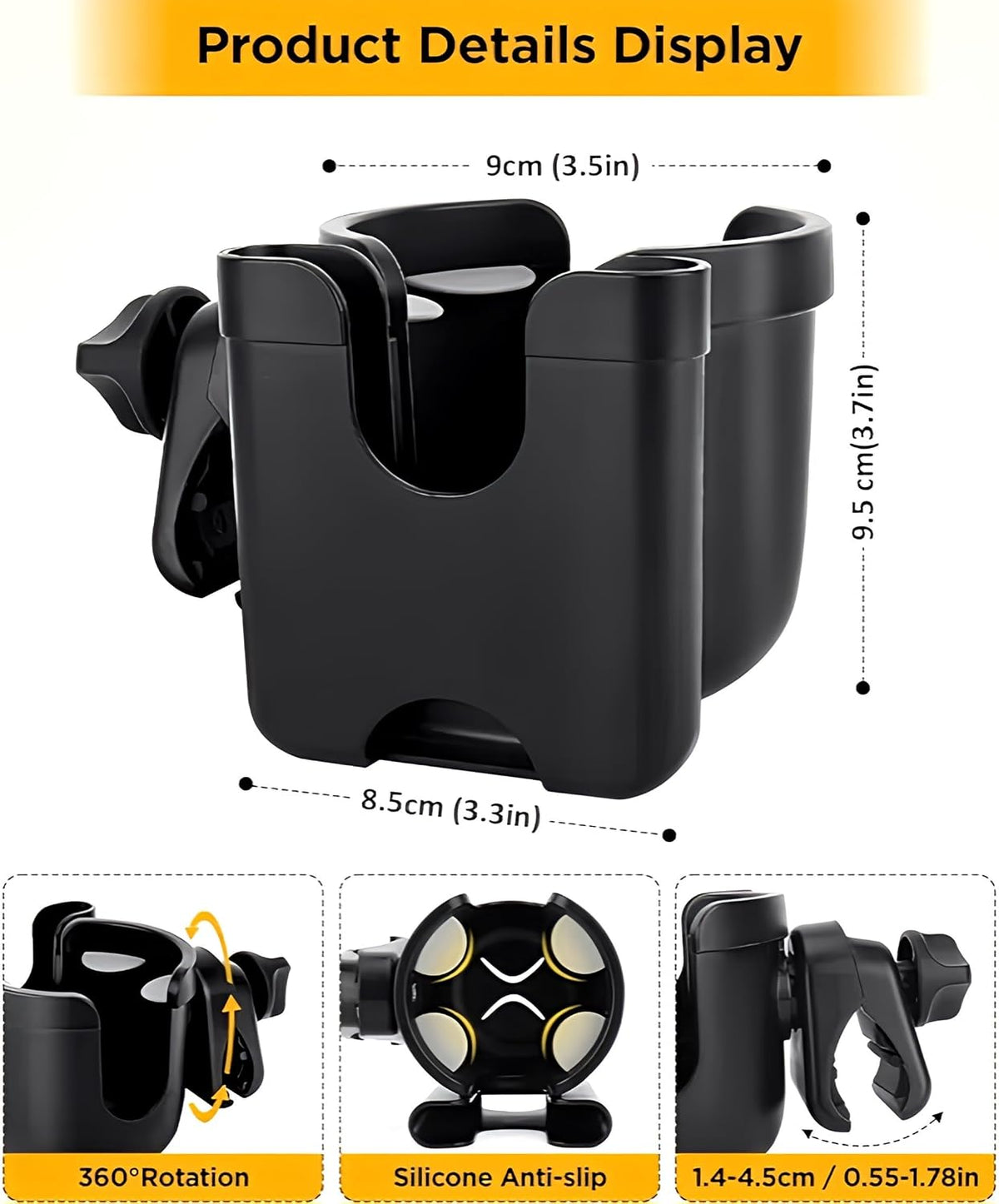 Universal Stroller Cup Holder with Mobile Phone Strollers Storage Rack, 360 Degrees Rotation Drink Holder for Bike, Pushchair, Wheelchair, Walker, Fits Most Cups