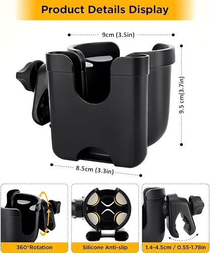 Universal Stroller Cup Holder with Mobile Phone Strollers Storage Rack, 360 Degrees Rotation Drink Holder for Bike, Pushchair, Wheelchair, Walker, Fits Most Cups