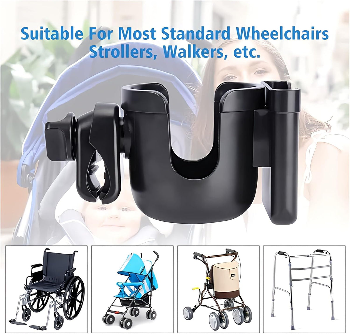 Universal Stroller Cup Holder with Mobile Phone Strollers Storage Rack, 360 Degrees Rotation Drink Holder for Bike, Pushchair, Wheelchair, Walker, Fits Most Cups