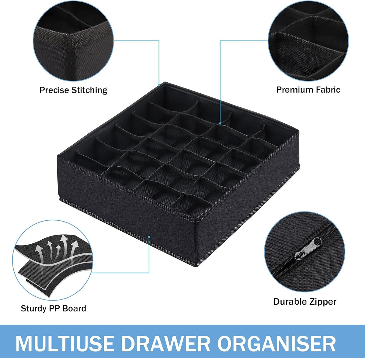 Foldable Storage Cubes Drawer Underwear Organizer Dividers， under Cabinet Organizer 24-Cell Fabric Storage Boxes for Lingerie,Socks,Ties （Grey）