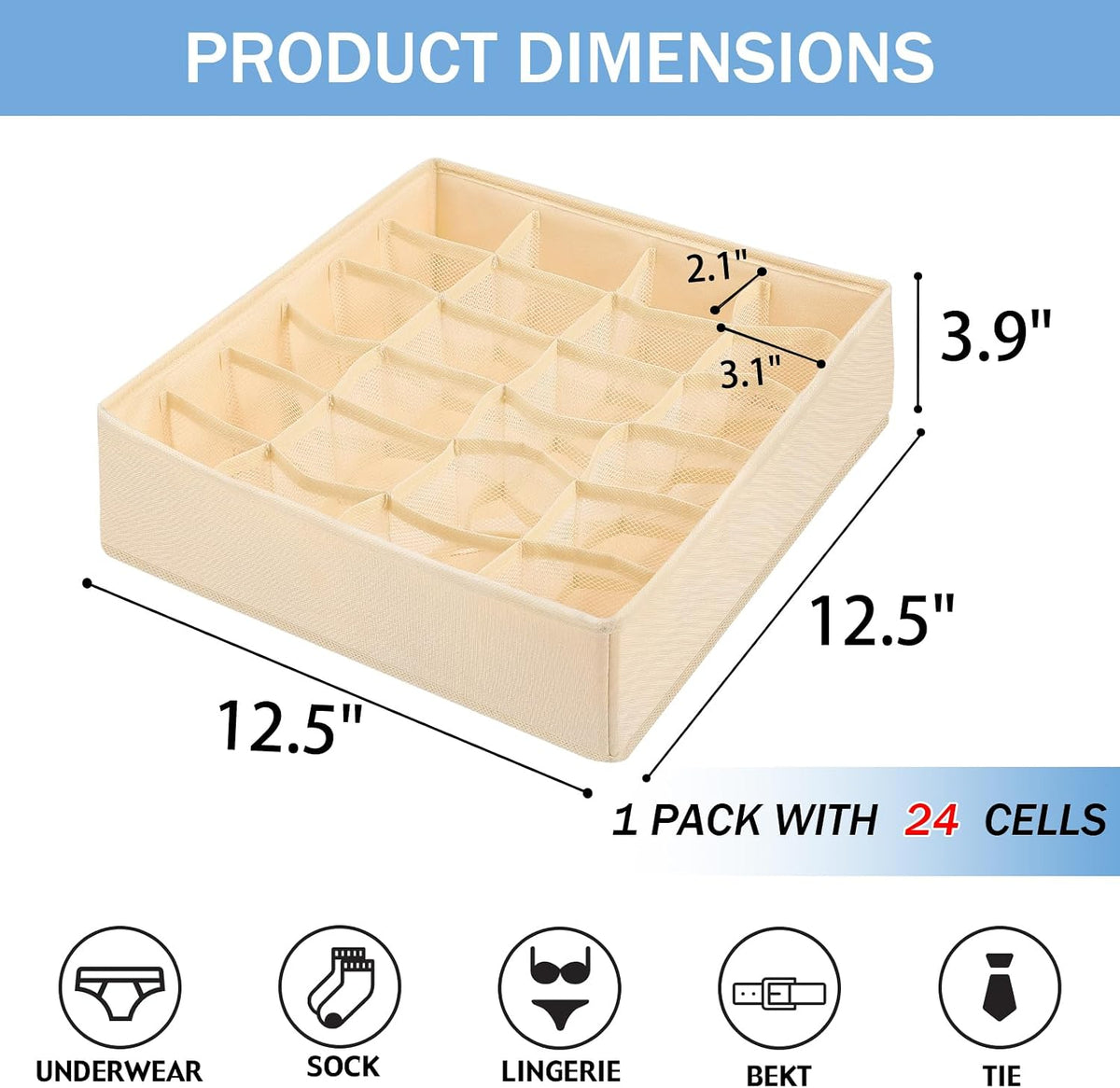 Foldable Storage Cubes Drawer Underwear Organizer Dividers， under Cabinet Organizer 24-Cell Fabric Storage Boxes for Lingerie,Socks,Ties （Grey）