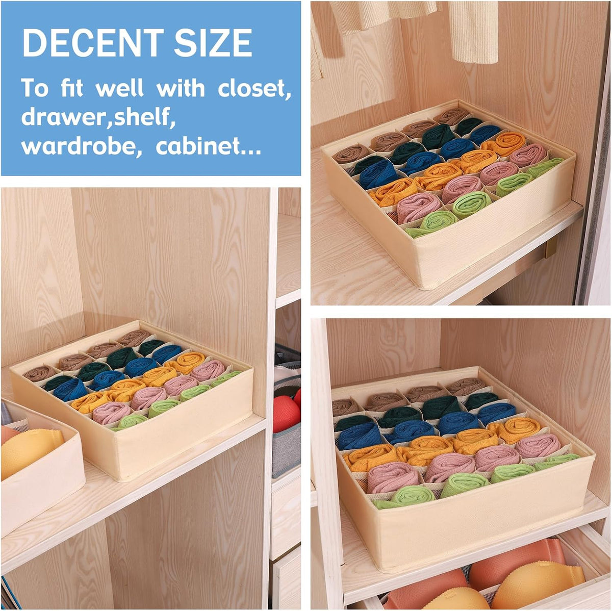 Foldable Storage Cubes Drawer Underwear Organizer Dividers， under Cabinet Organizer 24-Cell Fabric Storage Boxes for Lingerie,Socks,Ties （Grey）