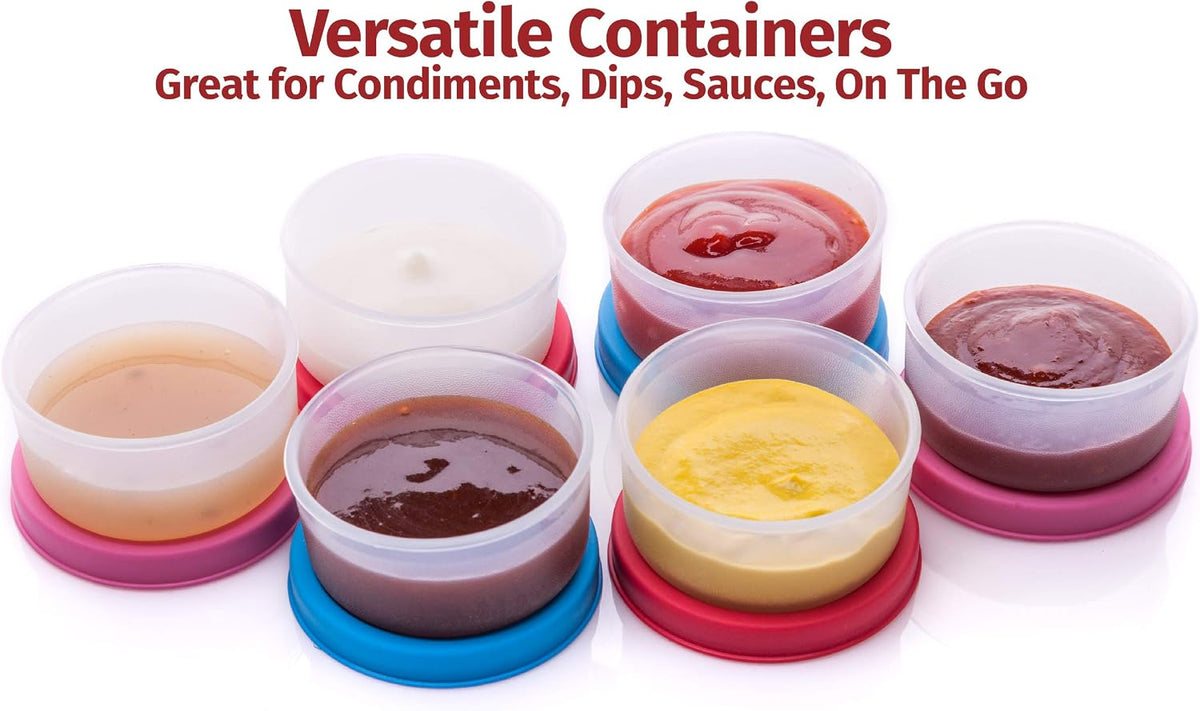 Condiment Containers with Lids- 6 pk. 1.3 oz.Salad Dressing to go Small Food Storage Containers- Sauce Cups Leak proof Reusable Plastic BPA free for Lunch Box Picnic Travel