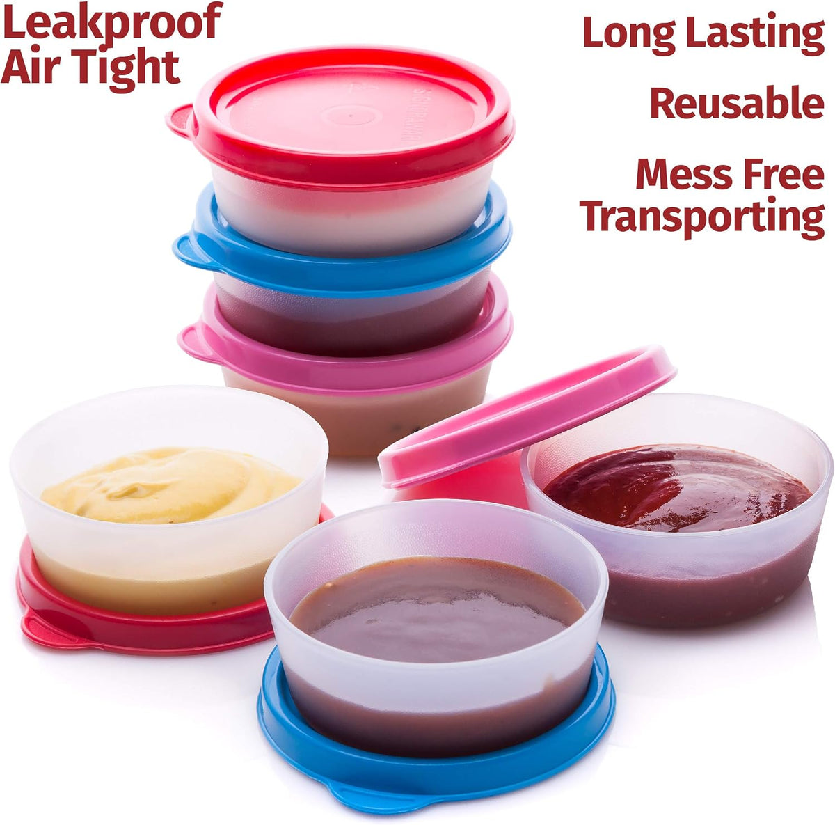 Condiment Containers with Lids- 6 pk. 1.3 oz.Salad Dressing to go Small Food Storage Containers- Sauce Cups Leak proof Reusable Plastic BPA free for Lunch Box Picnic Travel